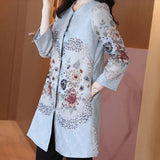 Vintage Jacquard Flower Print Autumn Winter Long Overcoat Outwear Women's luxury Crystal Beaded Plus Size Jackets