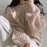 Cable Knit Loose Zip Up Cardigan-Outfit