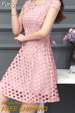 Fashion Square Collar Solid Color Hollow Out Waist Lacing A-line Dresses 2023 New Chic Bow Women Evening Party
