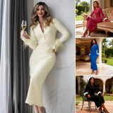 Fongt Fashion Temperament Plain Knitted Pit Long Sleeve Feathers Collar Long Dress Female Elegance
