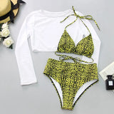 Neon orange Bikini 2021 Women Long Sleeve Mesh Cover Up 3 Piece Swimsuit High Cut Push Up Bathing Suit high waist