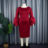 Fongt Temperament Style Dress Personality Petal Sleeve Round Neck-Waisted Dress Dress