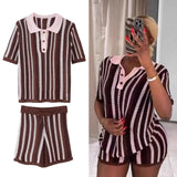 Fongt New Striped Collar Short Sleeve Loose Blouse High-Waist Three-Point Shorts Knitwear Two-Piece Set