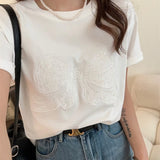 Embroidery Bow Oversized Short Sleeve Tee-Outfit