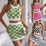 Fongt Spring And Summer Hit The Color Lattice Umbilled Coat Hip Skirt Knitting Suit Women's Clothing