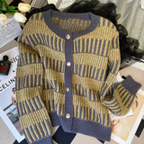 Xiaoxiangfeng Knitted Cardigan Female Spring And Autumn 2023 New Style Loose Top Short Hit Color Sweater Jacket-Outfit