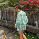 Fongt Women's INS Explosion Striped Striped Lantern Sleeve Shorts Set