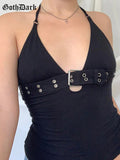 Dark Gothic Grunge Metal Buckle Patchwork Camis Punk Black Women Sexy Hollow Out Crop Tops Bandage Bodycon Backless