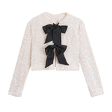 Fongt Women's 2025 Spring 2025 New V-Neck Bow Ornament Party Lien Slide Short Jacket Jacket