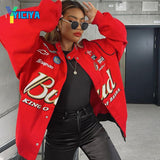 Red Bomber Jacket Women Long Sleeve racing Jackets Vintage Printed zipper Women's Jacket Spring 2022 Polyester women