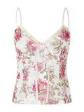Women Spaghetti Strap Camis Top Floral Print V-neck Front Split Tie-Up Sleeveless Tank Summer Slim Fit Mini Vest 2023-Outfit