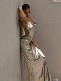 Summer Backless Sexy Maxi Dress Spaghetti Strap Metallic Bodycon Dress Elegant Party Evening Long Dresses for Women