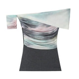 Fongt 2025 Spring New Dizzy Mesh Knitting Splicing Shoulder Lady T-Shirt Folded Top