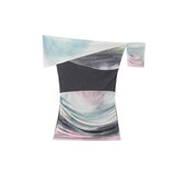 Fongt 2025 Spring New Dizzy Mesh Knitting Splicing Shoulder Lady T-Shirt Folded Top