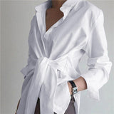 White Blouses Women Bandage Long Sleeve Black Shirts Korean Fashion Ol Lace Up Asymmetric Solid Lapel Casual Tunic Tops-Outfit
