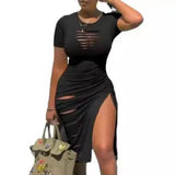 Fongt Sexy Round Collar Short Sleeve Slit Pleated