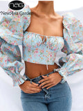 Floral Blouse Women Summer Long Sleeve Lace Up Blusas Casual Resort Style Print Tops 2021