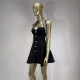 Star Of The Same Sexy Hanging Neck Small Black Dress Body Waist Nail Dew Back A-Character Dress Women's Party
