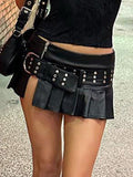 Rivet Belt Pleated Slit Leather Mini