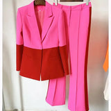 QUALITY Newest 2023 Star Style Fashion Designer Runway Suit Set Women's Single Button Color Block Blazer Flare Pants