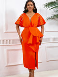Fongt Summer Sexy V-Necked Lotus Leaf Side Open Nail Bead Party Dress Famous Temperament Banquet Dress