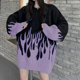 Gothic Streetwear Purple Fire Printed Knitted Sweater Women Harajuku Hippie Vintage O-Neck Oversize Long Sleeve