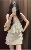 Fongt Spring And Summer New Embroidery Fine Sling + High-Waist Embroidery Shorts