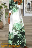 Short Sleeve Holiday Dress For Women Vintage Print V Neck Maxi Party Dress Elegant Ladies Loose Long Retro Dress
