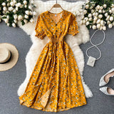 Dress Women's Aging Bubble Cuff Buckle Slimming Medium-Long Heart Machine Forked Retro Broken Flower Platycodon Grandiflorum Skirt-Outfit