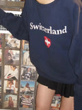 Women Navy Sweatshirts 2023 Fall Vintage O Neck Switzerland Embroidery Sweaters Female Chic Pullovers-Outfit