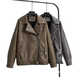 Fongt Autumn Dress Wash PU Leather Lapel Loose Large Version Leather Coat Female Jacket-Outfit