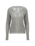 V-neck lace patchwork cable knit