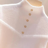 Women Winter Mock Neck Plush Lined Sweater Casual Thicken Warm Knit Tops Korean Slim Pullover Soft Plus Velvet Knitwear