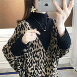 Women's Clothing Batwing Sleeve Leopard Sweaters Autumn Winter New Thick Half High Collar Spliced Loose Knitted Jumpers Female-Outfit
