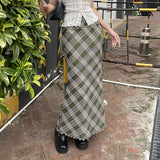 Fresh Girl's Checkered Straight Green Skirt 2023 Early Autumn New Low-Waist Leisure All Kinds Of Long Skirt Tide-Outfit