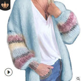 Fongt New Sweater Striped Mare Hairy Open Shirt Autumn And Winter Knitted Long-Sleeved Coat Women's