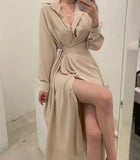 Single Breasted Midi Lace Up Slim Solid Shirt Dress Long Sleeve Elegant Vestidos