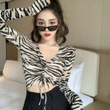 Women Zebra Stripe Tee Shirt V Neck Sexy Crop Top Blouse Long Sleeve Lace Up Basic Party Club Clothes Autumn 2023-Outfit