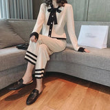 Bow Tie Knitted Two Piece Set Women 2023 Fall Korean Long Sleeve Cardigan Tops Outfits And Capris Wide Leg Pants