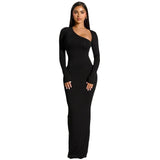 Fongt Women's Long Sleeve Oblique Collar Temperament Repair Behind The Fork Long Dress