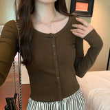 Short-Shouldered Long-Sleeved T-Shirt Women's New Autumn Cardigan Slim And Thin Round-Neck Bottomed Blouse-Outfit