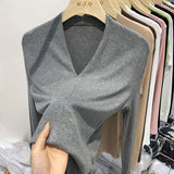 Threaded Deep V Long-Sleeved T-Shirt Women's Spring And Autumn New Slim Bottom Shirt With Pure Sexy Solid Color Blouse-Outfit