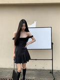 Black Pleated Strap Mini Dress-Outfit