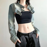 Old Washing Metal Buckle Collar Loose Long-Sleeved Ultra-Short Denim Jacket Blouse 2023 New Style-Outfit