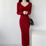 V-Collar Long-Sleeved Knitted Dress Skirt Autumn And Winter 2024 New Sweater Skirt-Outfit