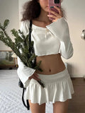 White Long Sleeve Crop Top And Micro Pleated Mini Skirt Set-Outfit