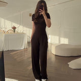 Fongt Summer New Women's Round Neck Solid Color Wide Leg Pants Temperament Commut Fashion Set