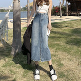 Fongt The Front Split Denim Skirt Female 2024 Ins Temperament A Word Retro Show Thin In The Long Wrap Buttock Skirt-Outfit