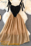 Women French Retro Dress Summer Colorblock High Waist A-line Elegant Party Dresses Ladies Bandage Spaghetti Strap Mesh