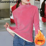 Warm Basic Soft Velvet T-shirts Women Fall Winter Turtleneck Jumper Plush Lined Tops Casual Long Sleeve Slim Velour